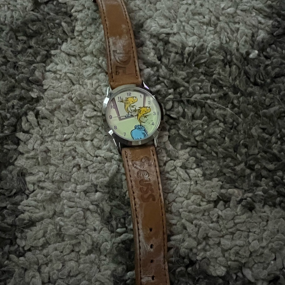 Dr Seuss fish Brown Leather Strap Watch with Cartoon Dial
